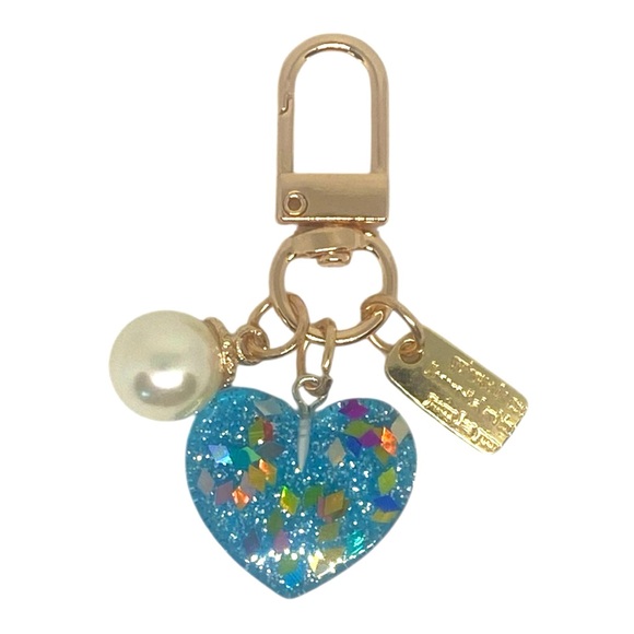Accessories - Glitter Blue Heart Gold Keychain W/ Pearl